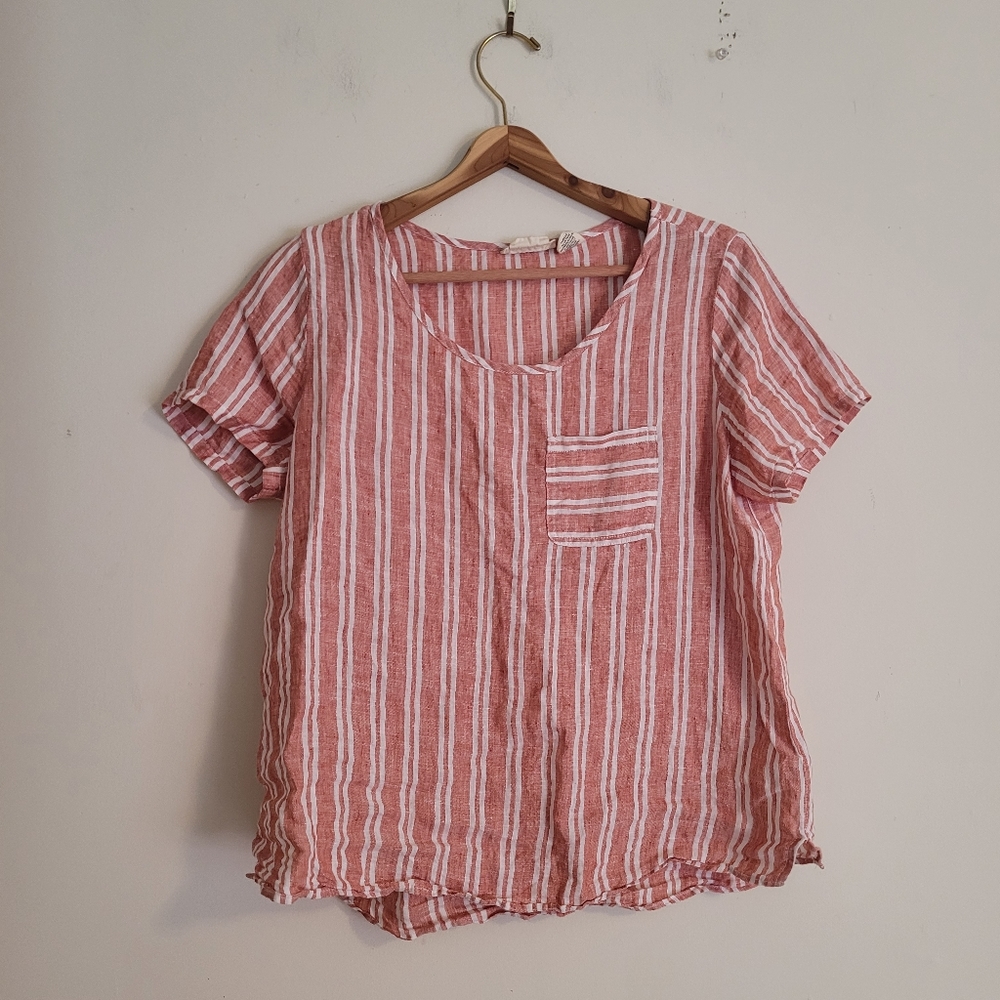 Christian Siriano Striped Red White 100% Linen Short Sleeve Blouse